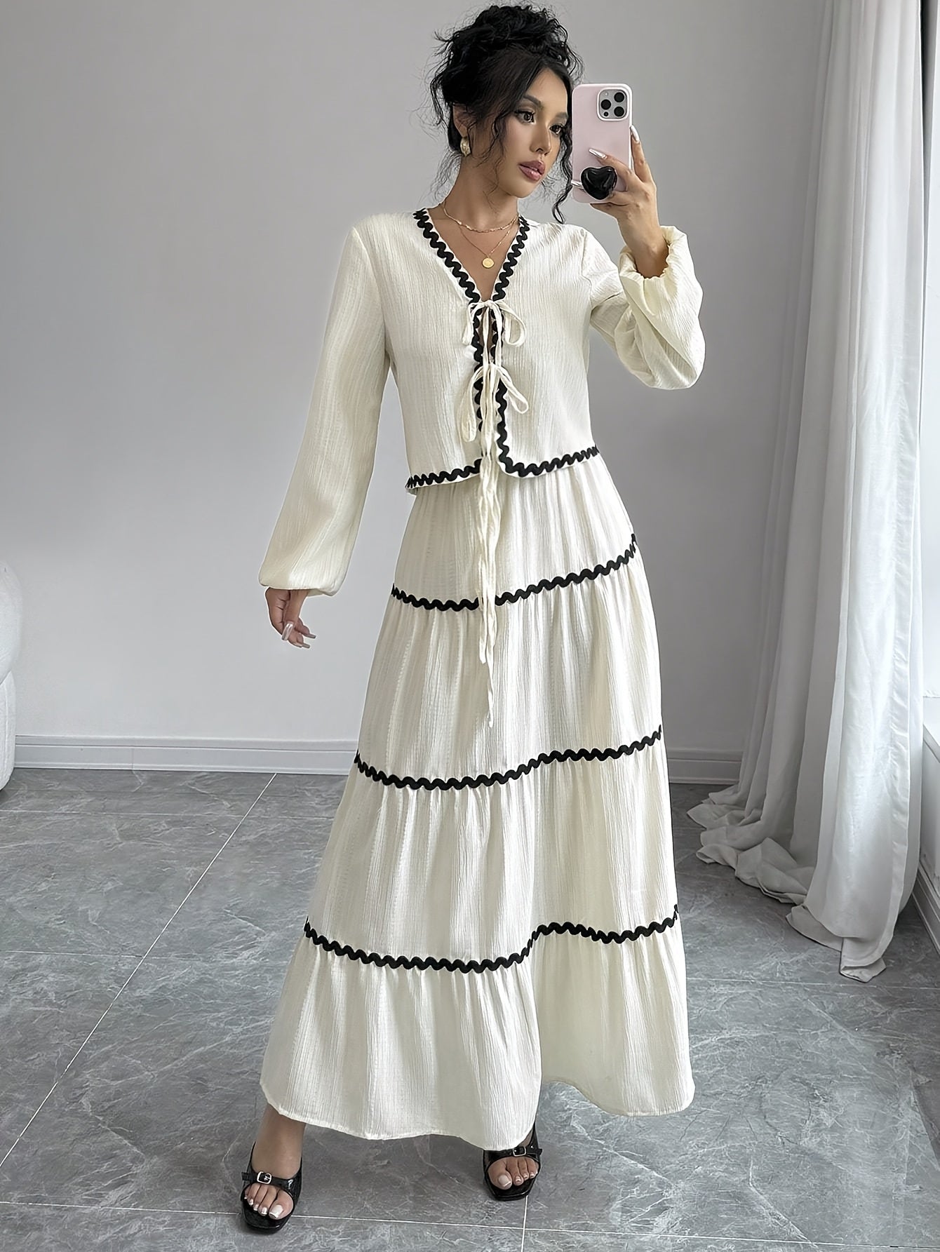 Women's Elegant French Style Lantern Sleeve Ruffle Hem Bow Dress and Skirt Set