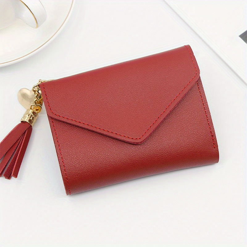 1pc Metal Heart & Tassel Decor Wallet Short Women Wallets Purse, Patchwork Fashion Panelled Wallets, Trendy Coin Purse