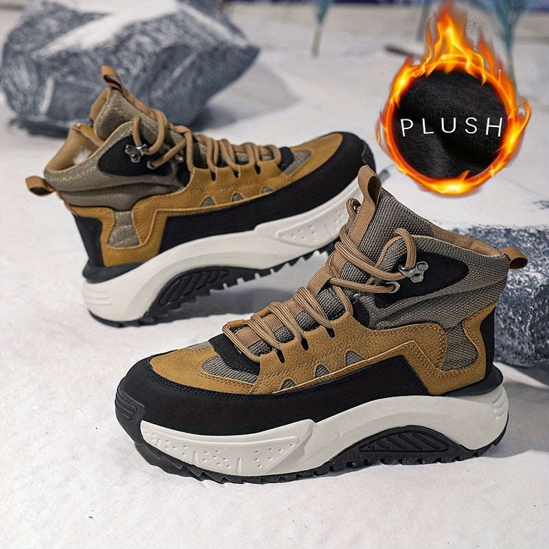 Men's Thermal Insulated Winter Boots with Lining - PU/Fabric Upper, Zipper & Lace Closure, Cushioned Insole & Arch Support, Brown/Black/White/Beige - Low-Top Round Toe for Snow, Ice, and Casual Attire - Ideal for Skiing, Hik