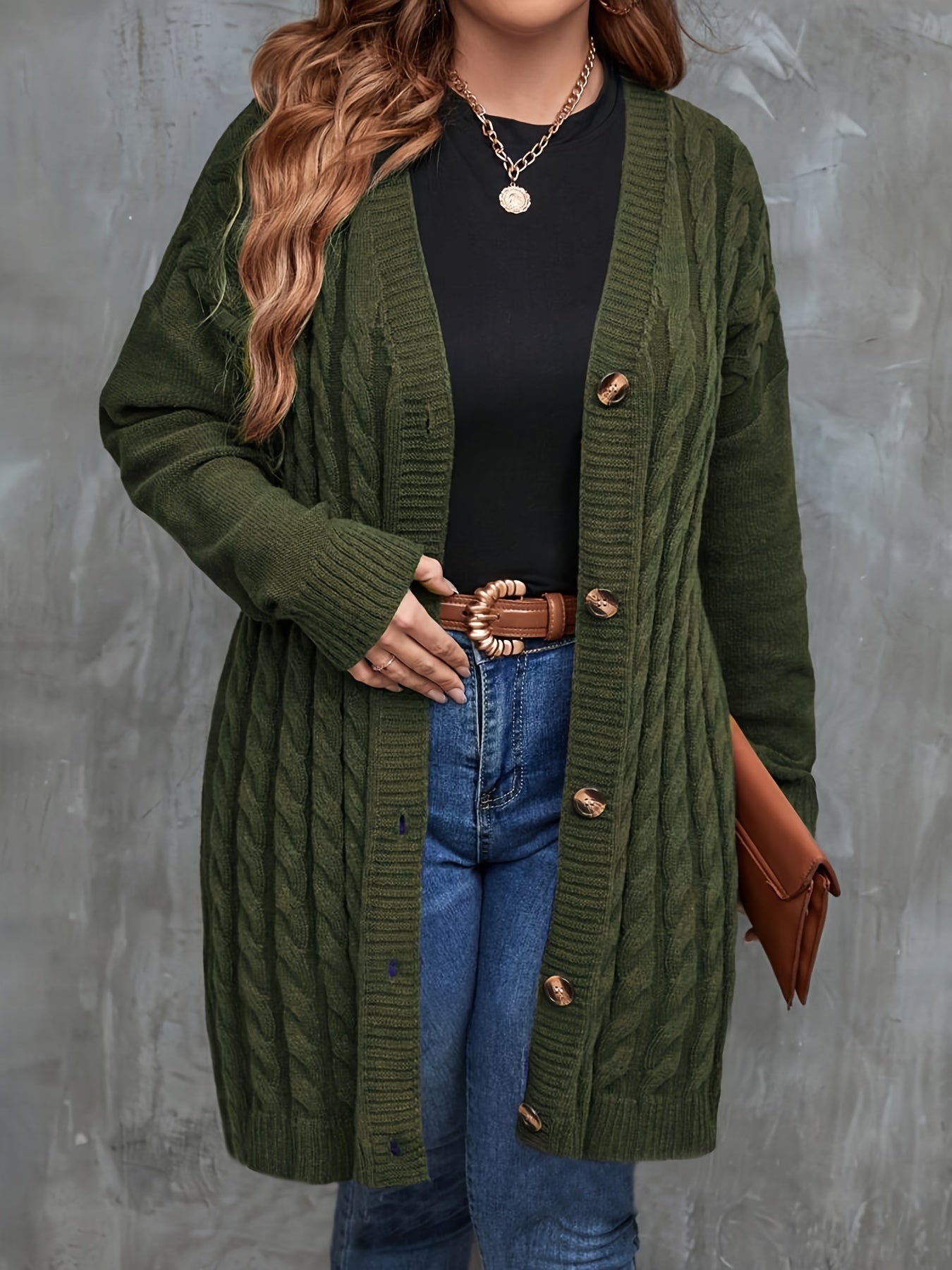 Women's Casual Long Knit Cardigan - Cozy Drop Shoulder, Thick Cable Knit Sweater with Buttons, V-Neck, Olive Green, Fall/Winter Fashion Outerwear, Cozy Autumn Apparel | Buttonfront Cardigan | Stylish Casualwear