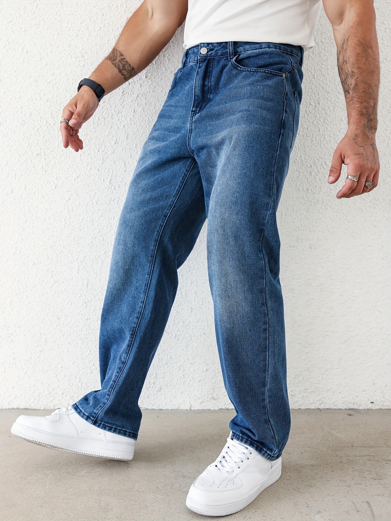 Men's Classic Straight-Leg Jeans - Casual Denim with Pockets, Machine Washable, All-Season Comfort