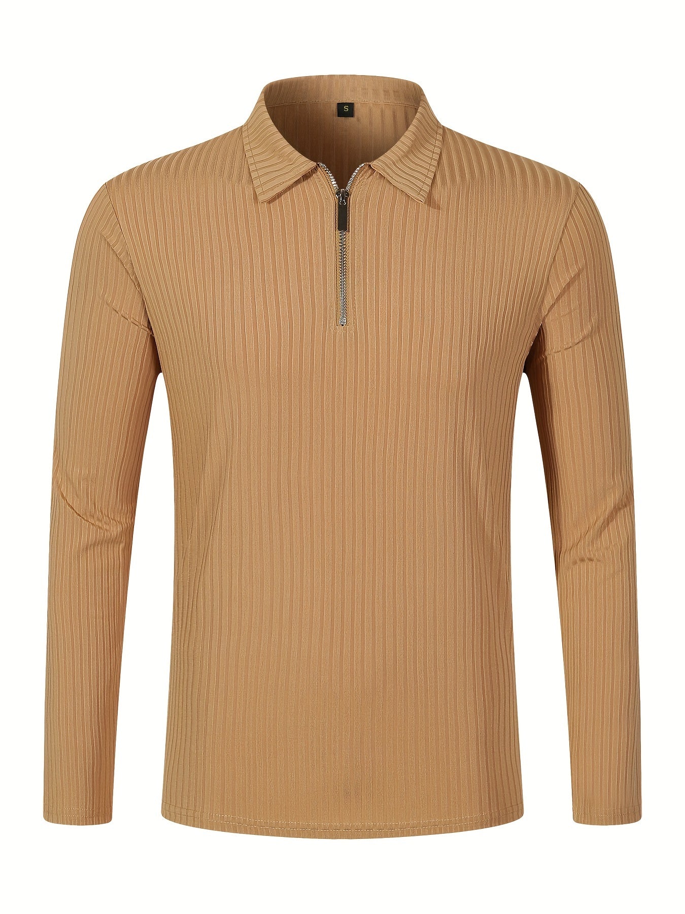 Men's Casual Sports Ribbed Long Sleeve Zipper Lapel Golf Shirt, Spring And Fall