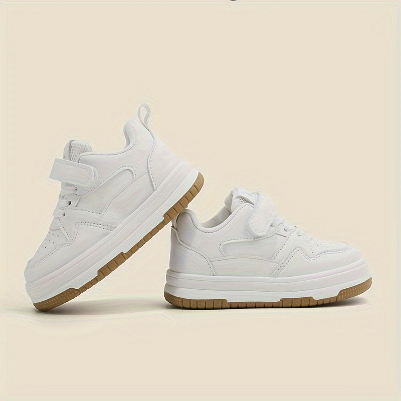 Preppy Style Solid Color Casual All-Season Low Top Sneakers for Boys and Girls with Adjustable Strap Closure, PU Upper, Fabric Lining, and Durable Rubber Sole, Perfect for Daily Wear & School Under 14 Years - White