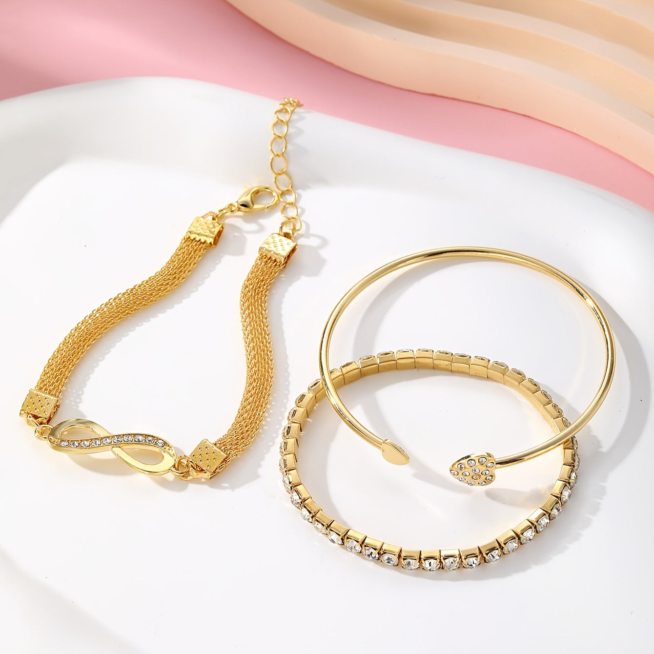 3pcs Vintage Elegant Rhinestone Bracelet Set, Adjustable Heart & Infinity Symbol Bangle, Women'S Alloy Open Cuff, Daily & Gift Occasion, All-Season Jewelry Collection