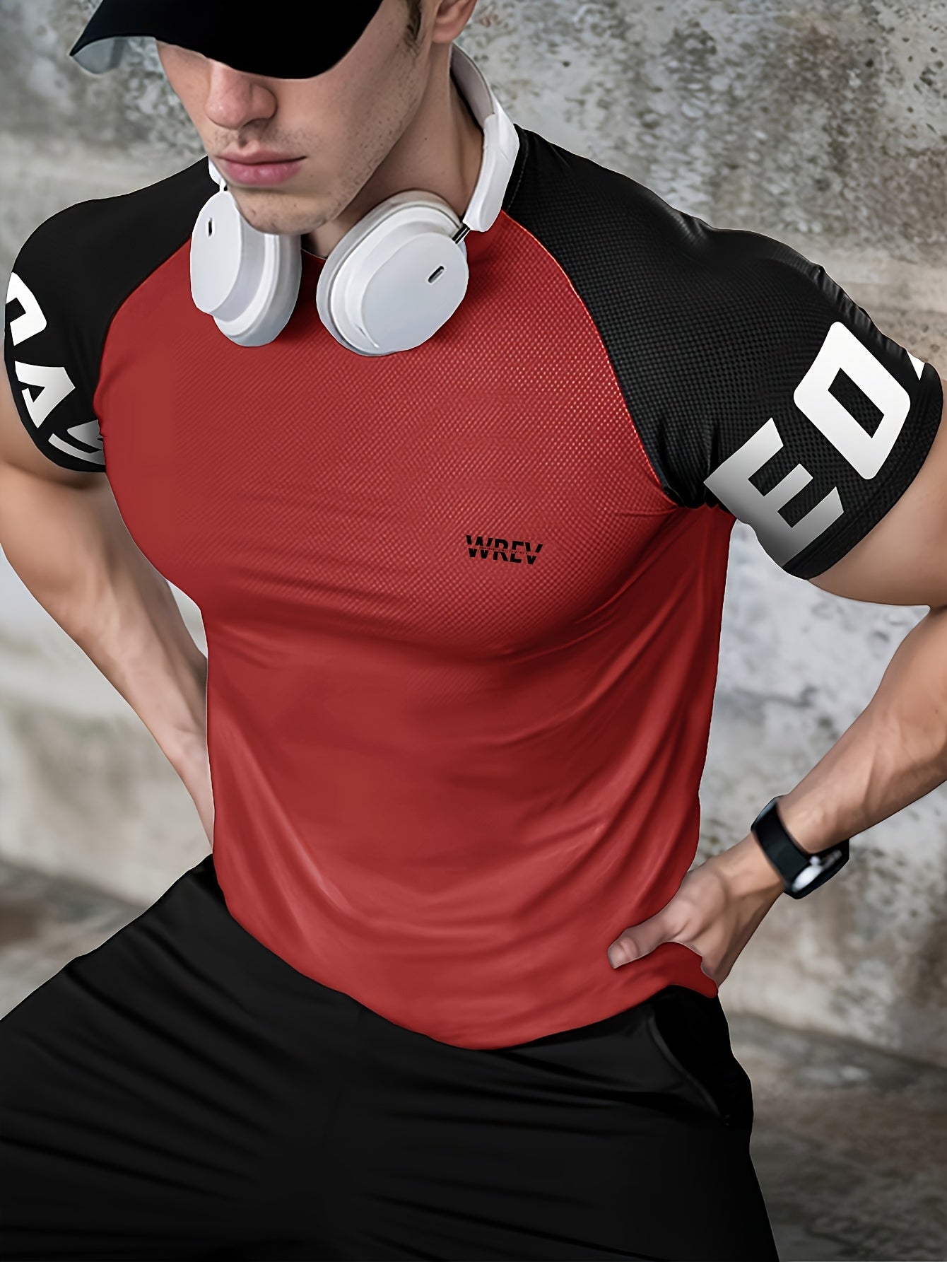 Men's Quick-Dry Breathable Mesh Sports T-Shirt - Summer Gym Workout Top with Contrast Black White Sleeves for Man Letter Print, Slim Fit for Running Training Casual Wear, Breathable Running Gear Sporty Casual Tee Mesh