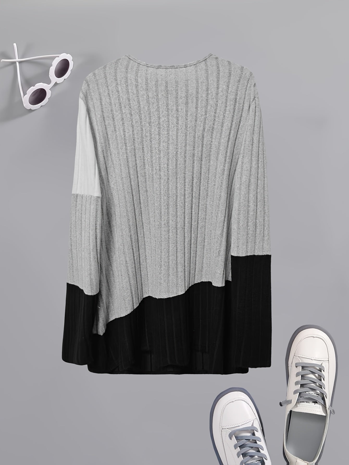 Elegant Color Block V-Neck սվիտեր կանանց համար - Ձգվող պոլիեսթեր, մեքենայով լվացվող, կատարյալ գարնան և աշնան համար