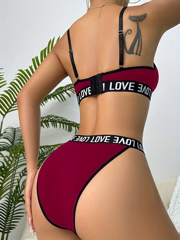 Letter Tape Cut Out Bra & Panty, Strappy Bra & Panties ներքնազգեստի հավաքածու, Կանացի ներքնազգեստ և ներքնազգեստ