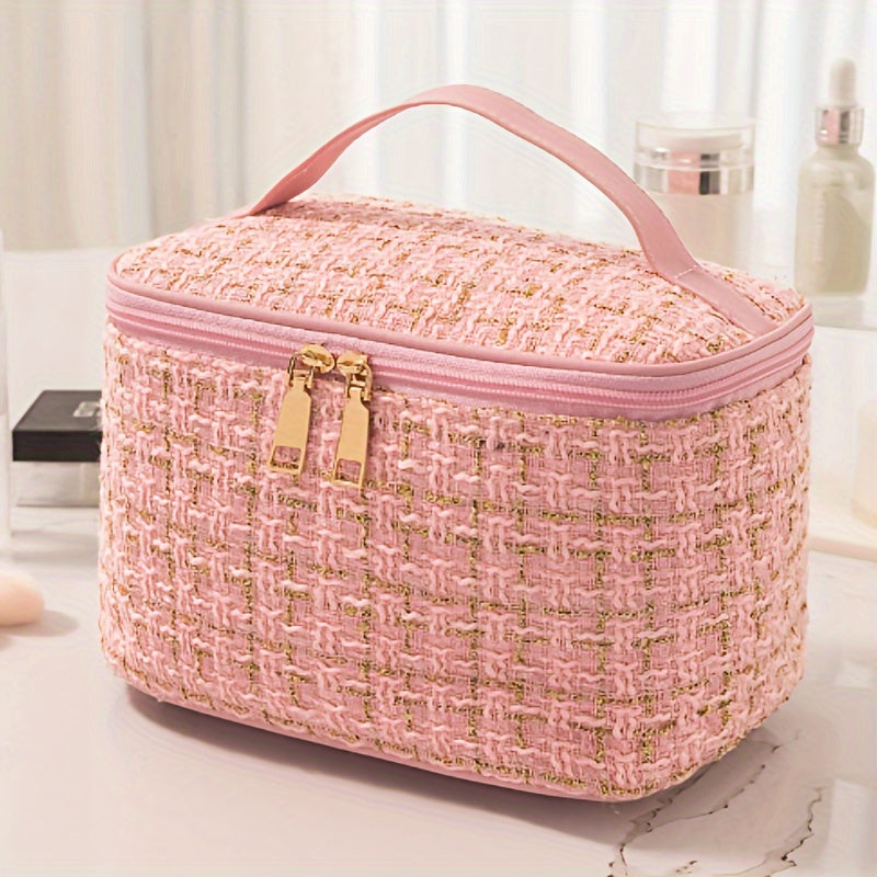 Elegant Plaid Cosmetic Bag - Large Capacity Travel Makeup Organizer with Dual Zippered Compartments, Portable Toiletry Storage in Light Blue/White/Pink/Red/Navy/Black, Polyester Material, Hand Wash or Dry Clean, Toiletry Trav