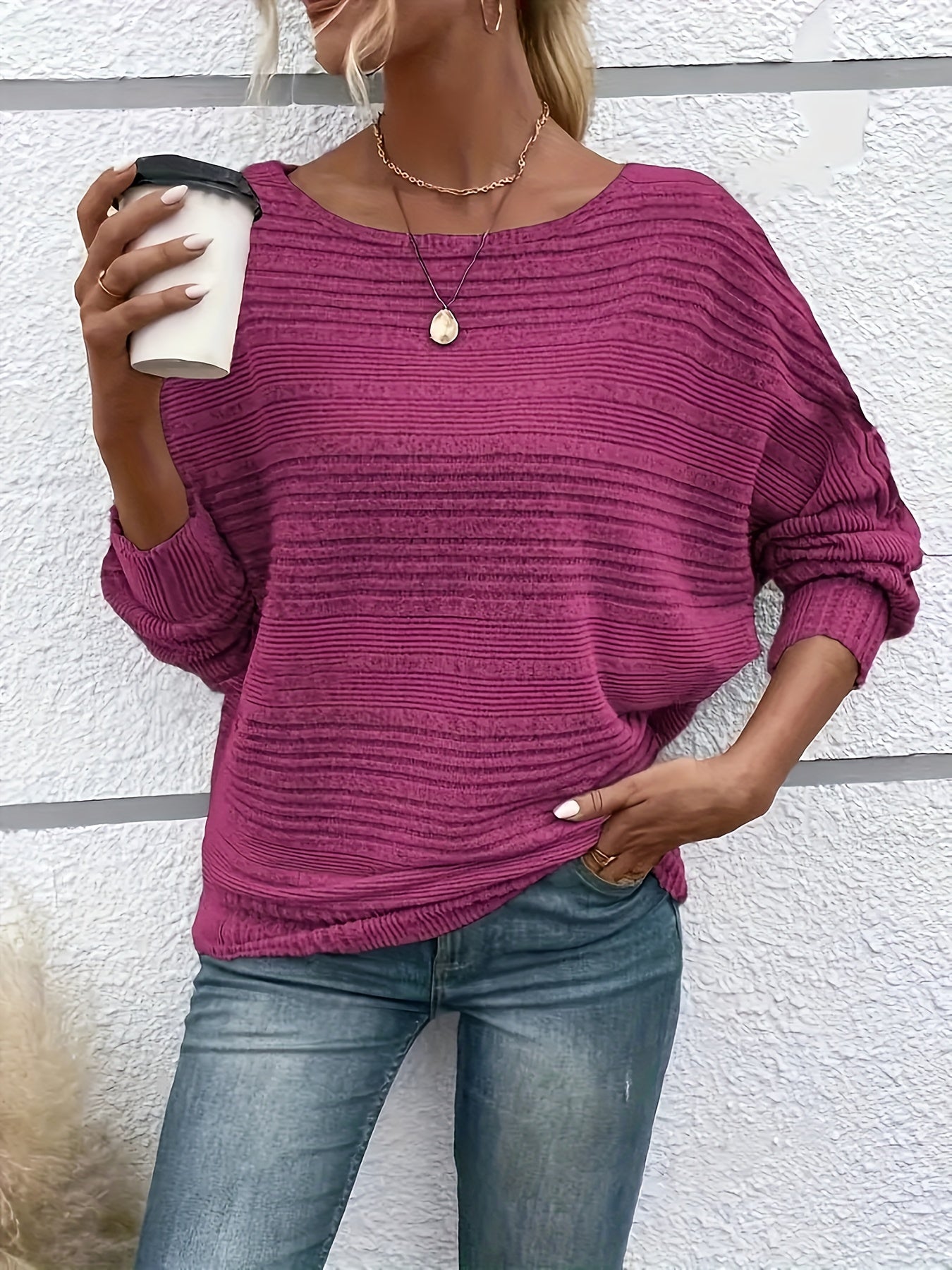 1 հատ Women'S Casual Crew Neck Knit T-shirt - պոլիեսթեր պինդ գույնի երկարաթև վերնաշապիկ գարնան/աշունի համար