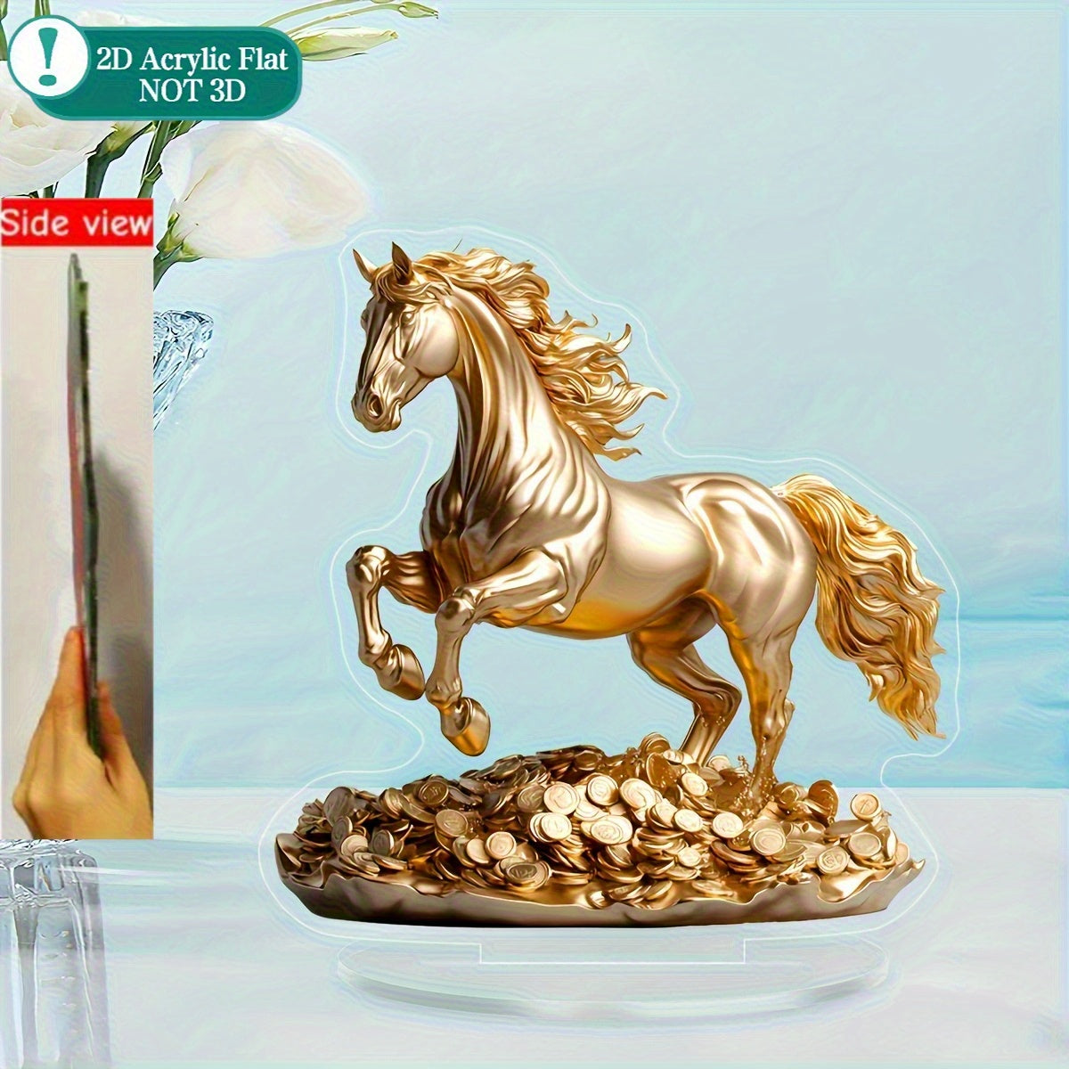 2D Flat, 1pc 2D Flat Acrylic Golden Horse Ornament - Elegant Desktop Decoration, Luxurious Golden Plating with Exquisite Mane Details and Coin Base, Suitable for Home, Office, Wedding, Christmas - Animal Theme Decor, No Assem