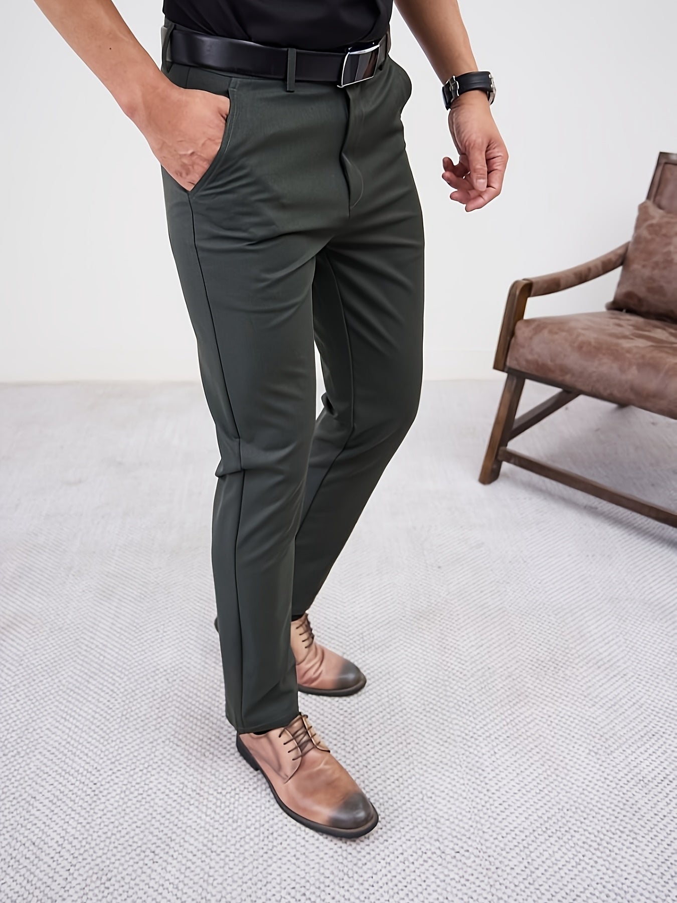 Men'S Casual Solid Color Regular Length Slight Stretch Woven Fabric Pants for Adult