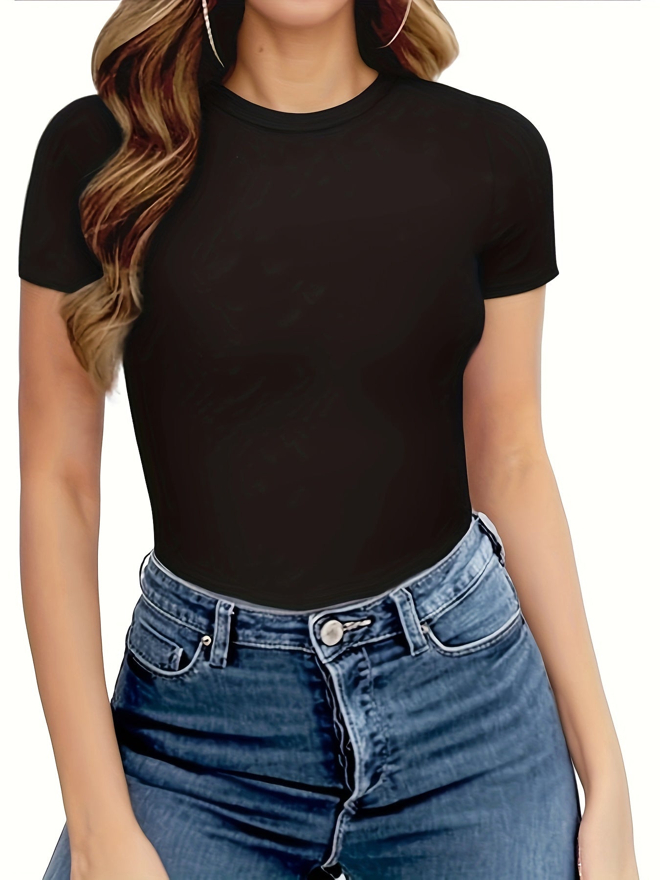 Women's Slim Fit Short Sleeve Bodysuit - Soft Stretch Round Neck, Black Solid Color, Smooth Polyester-Spandex Blend, All-Season Comfort Jumpsuit