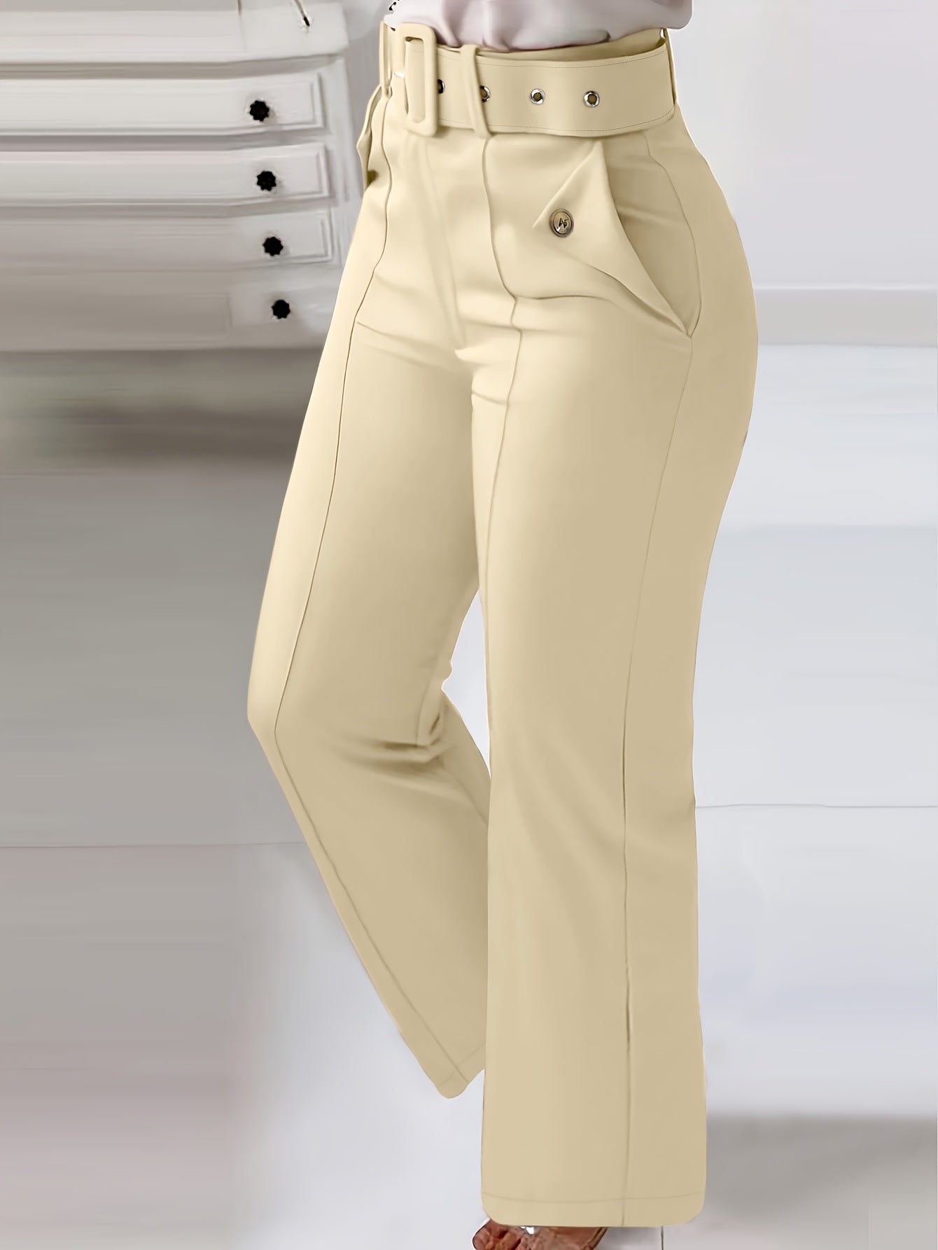 Women'S High-Waist Button-Detail Casual Straight Leg Pants, Solid Color, Polyester, with Belt, for All-Season Woven Trousers