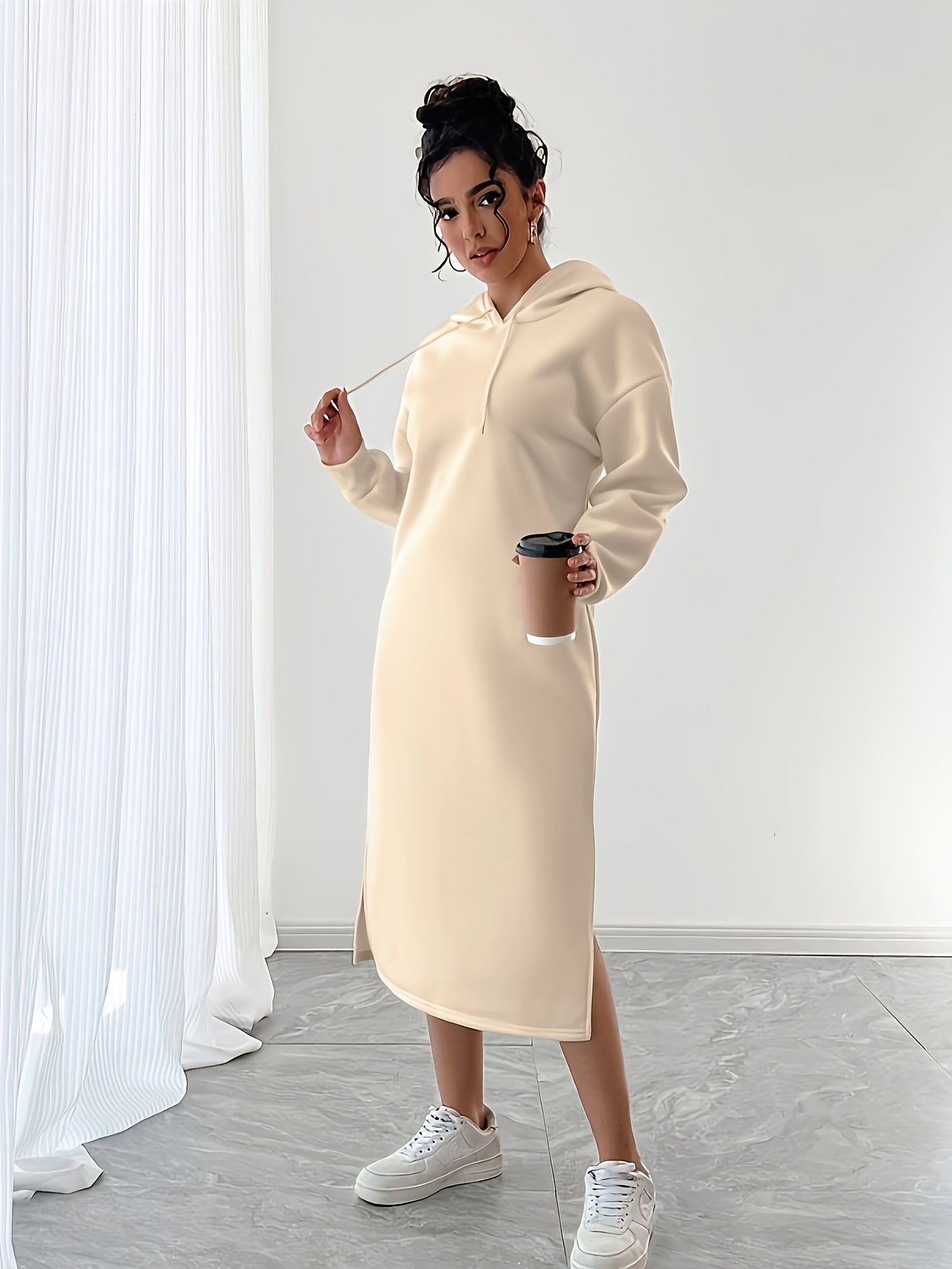 Slogan Pattern Split Shoulder Hooded Women's Fleece Thickened Sweatshirt Dress It's Okay to Be Imperfect