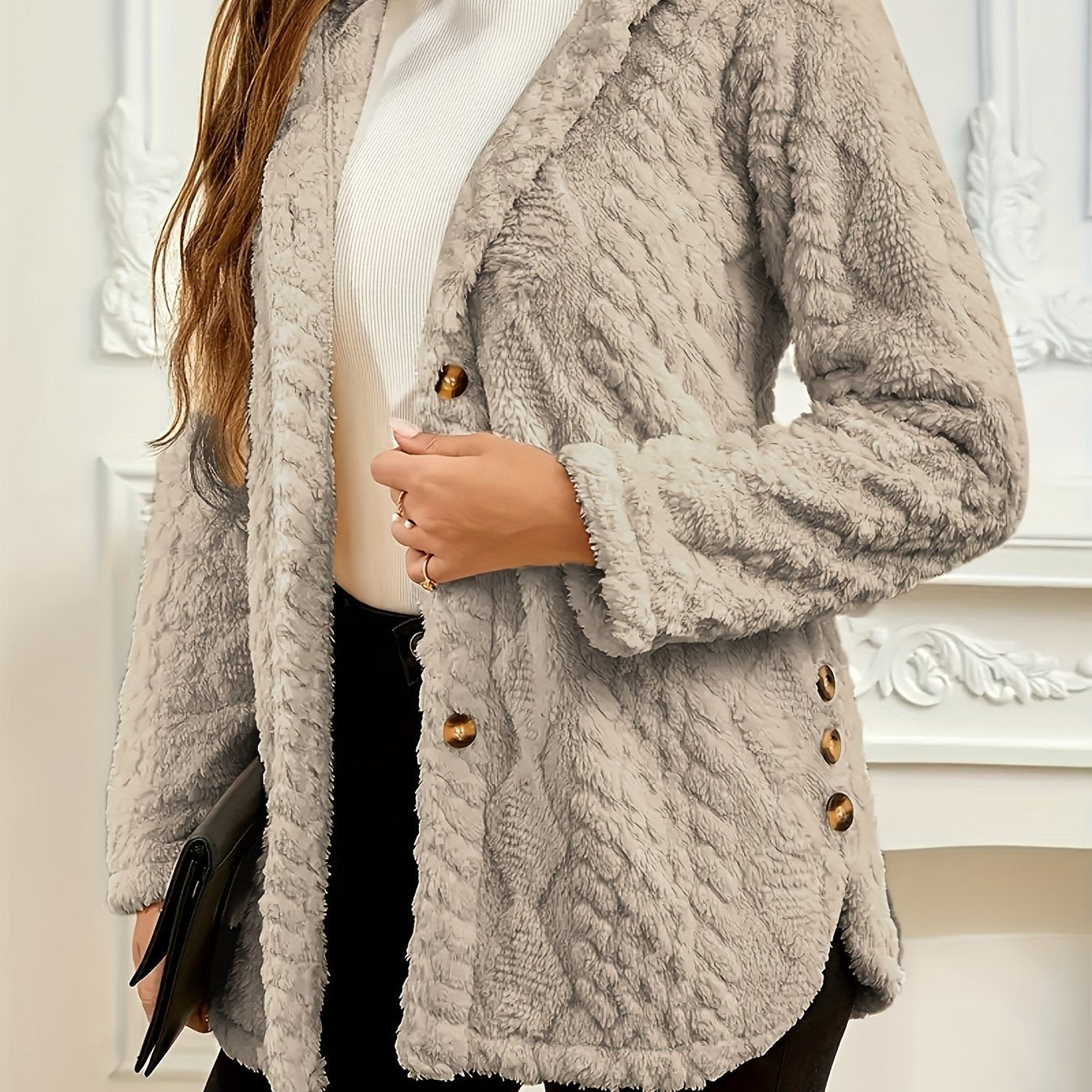 Elegant Pink Faux Fur Coat for Women - Chic Button-Front Hooded Jacket with Sleek Collar, Long Sleeves, and Ribbed Detailing - Perfect for Fall & Winter, Hand or Dry Clean Only
