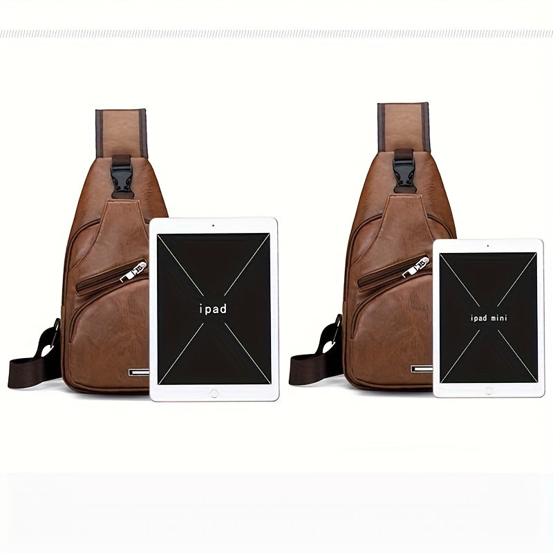 2025 New Men'S Fashion Chest Bag - Soft Faux Leather Anti-Theft Crossbody Bag with Multiple Compartments, Adjustable Strap Zipper Closure for Gym, Travel, Casual Outings (Brown), Secure Travel Pouch, Textured Finish