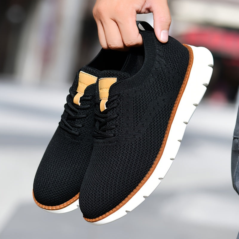 Men's Breathable Knit Business Casual Shoes - Beige with Brown Accents, Lace-Up, EVA Sole, Round Toe, Versatile for All Seasons, Dressy Shoes
