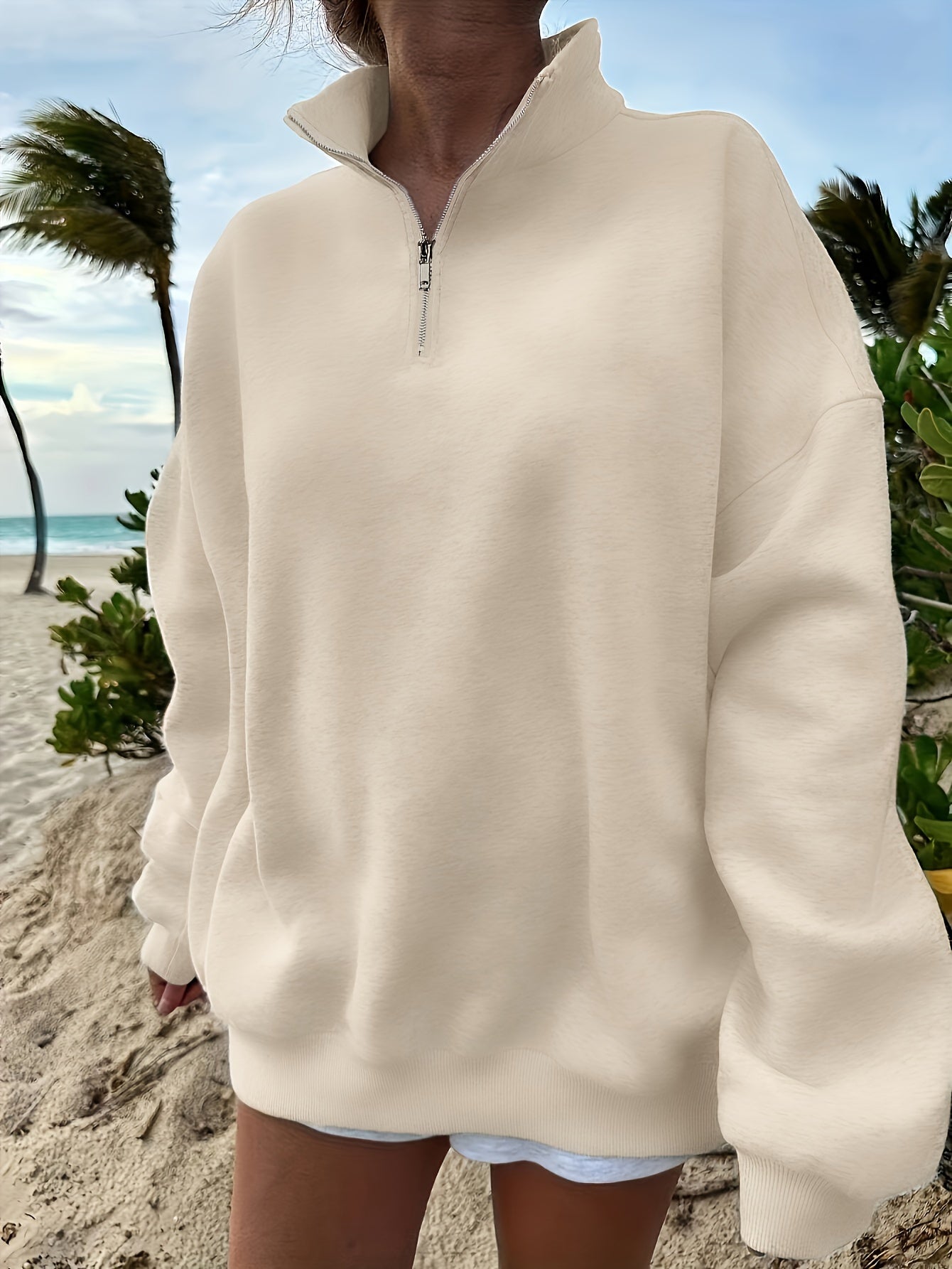 Women's Casual Heather Gray Half-Zip Sweatshirt - Soft Polyester & Elastane Blend, Long Sleeve, Stand Collar, Machine Washable - Perfect for Spring/Fall