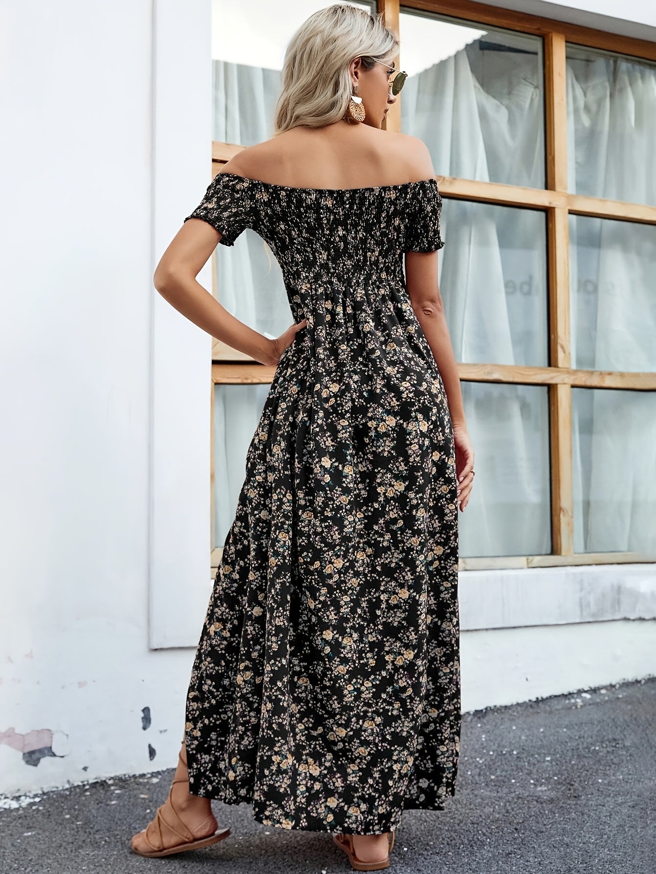 Floral Print Off Shoulder Dress, Elegant Short Sleeve Aline Dress For Spring & Summer, Women's Clothing