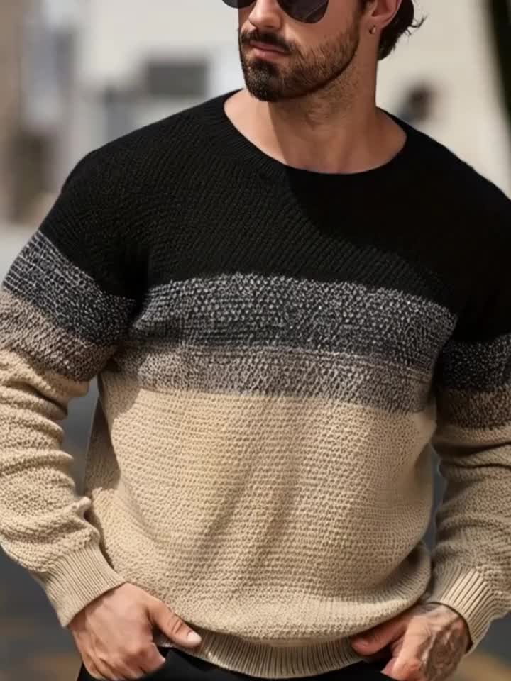 Տղամարդու ձմեռային գրադիենտային գունային բլոկներով տրիկոտաժե սվիտեր - ազատ չափի ոճի օմբրե խառնուրդ (տաք կլոր վզով սվիտեր)՝ ցուրտ եղանակի, առօրյա և էլեգանտ առօրյա հագուստների համար - անթափանցիկ ազատ չափի վերնաշապիկ