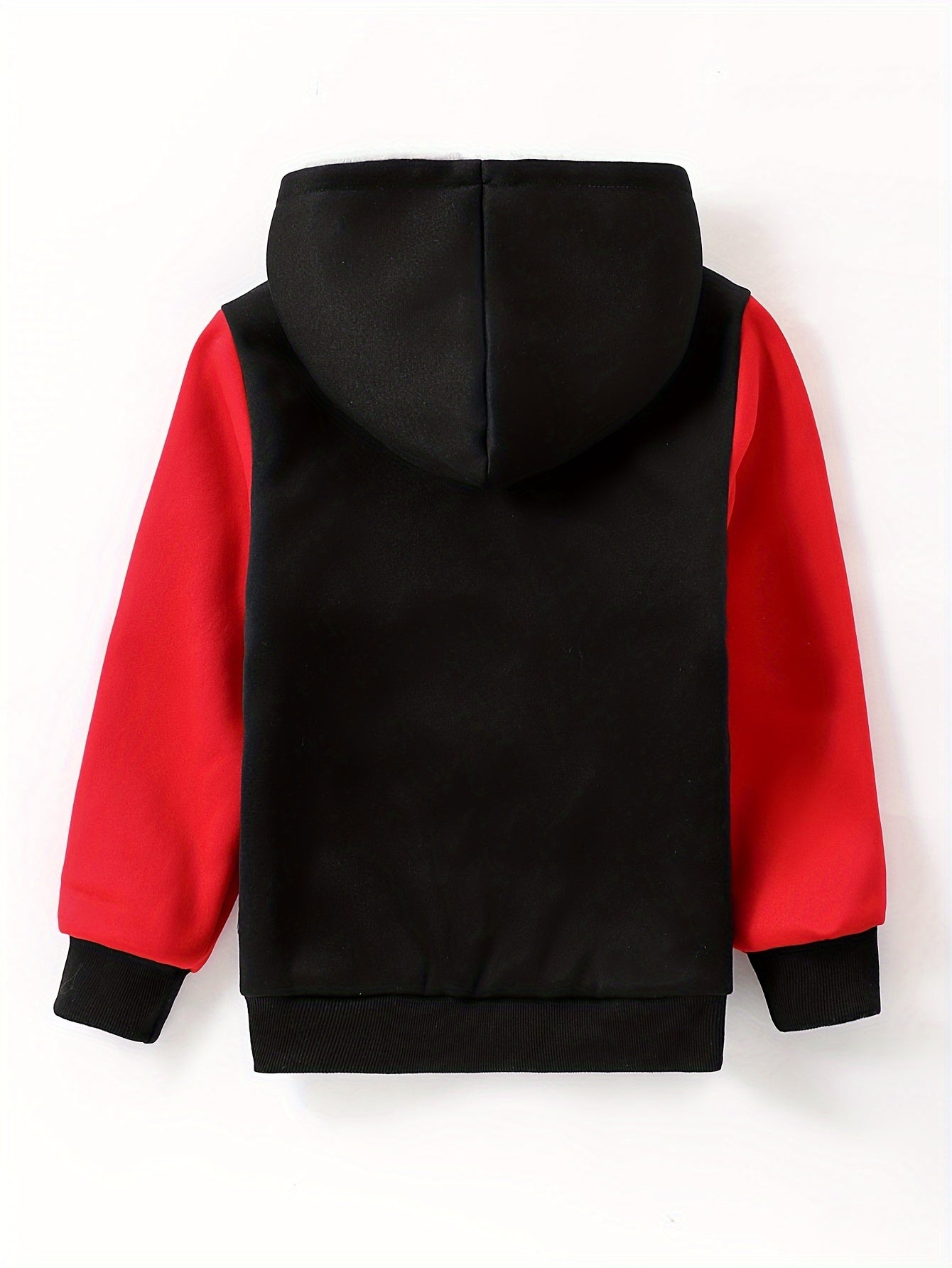 1pc Boys Stylish Color Block Fleece Lining Hooded Jacket, Long Sleeve Zip Up Jacket, Kids Clothes Outdoor