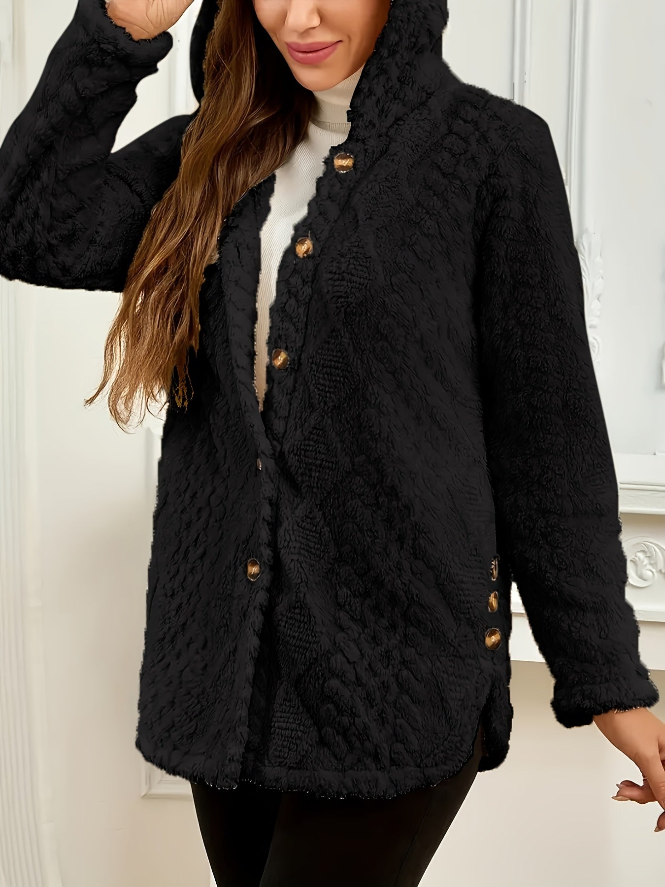 Elegant Pink Faux Fur Coat for Women - Chic Button-Front Hooded Jacket with Sleek Collar, Long Sleeves, and Ribbed Detailing - Perfect for Fall & Winter, Hand or Dry Clean Only