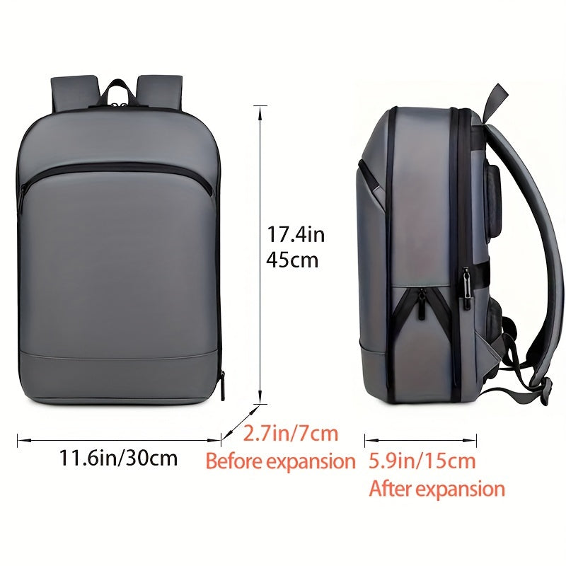 Expandable Black Nylon Business Backpack with Padded Laptop Compartment, Lightweight with Trolley Sleeve, Durable Zipper, Multi-Pocket Design, Splicing and Color Block Detail, Ideal for Daily Commute and Travel - Wet Wipe Cle