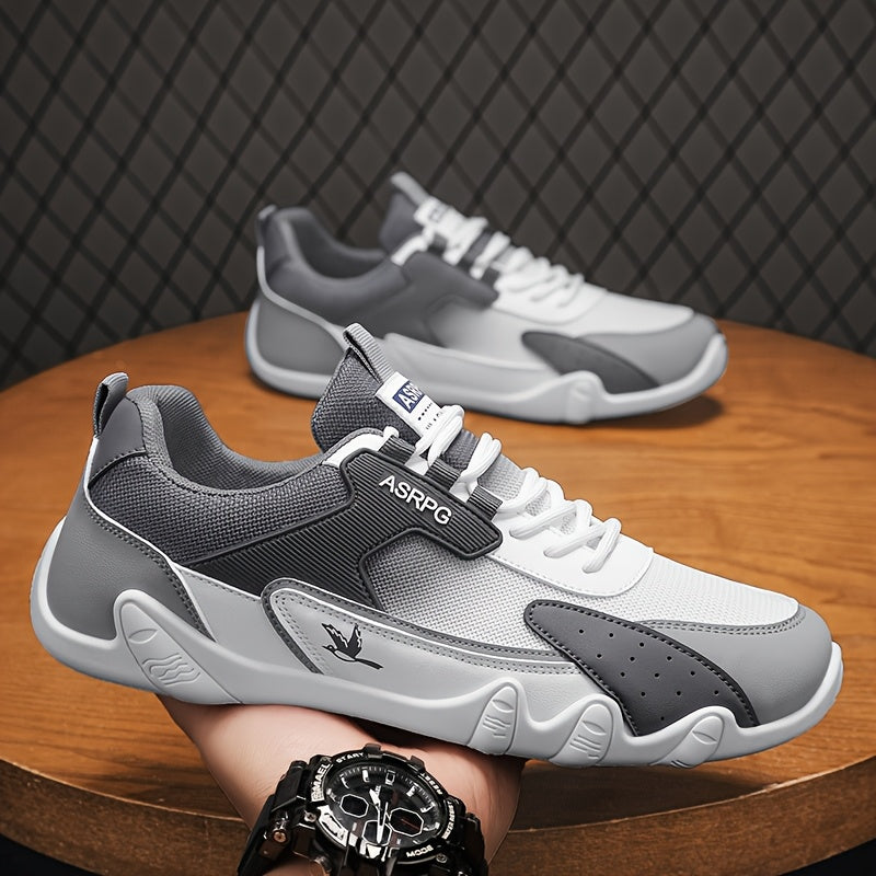 Men's Breathable Low-Top Casual Sneakers - Sporty Lace-Up Walking Shoes with Navy/White/Golden Accents, All-Season Outdoor Everyday Comfort, Durable Fabric Upper PVC Sole, Comfortable Footwear, Sleek Shoe Design, Lightwei