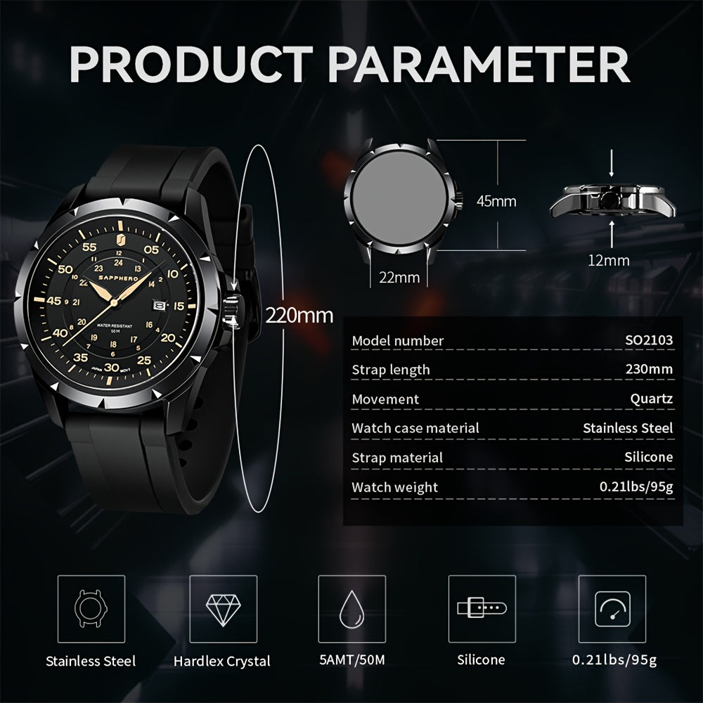 SAPPHERO Men's Luxury Watch - Stainless Steel Case & Band, 50m Waterproof, Analog Display with Date Window, Everyday & Formal Watch for Swimming, Business, Gifts - Affordable Luxury Wristwatch, Business Wristwatch, Sporty Ele