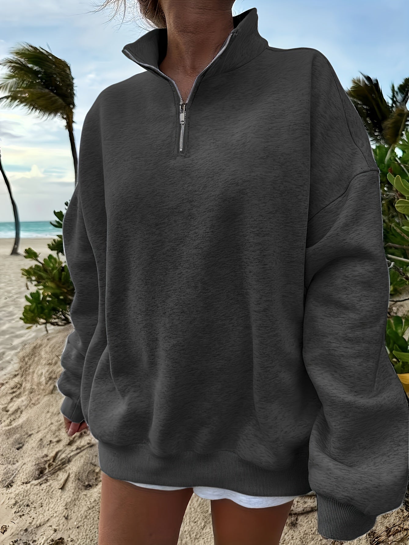 Women's Casual Heather Gray Half-Zip Sweatshirt - Soft Polyester & Elastane Blend, Long Sleeve, Stand Collar, Machine Washable - Perfect for Spring/Fall