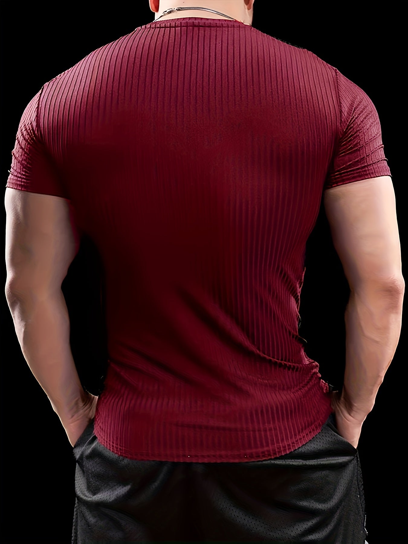 Men's Slim Fit Ribbed Short Sleeve T-Shirt - Stretchy Athletic Casual Wear, Green, Round Neck, Machine Washable, Muscle-Enhancing Design, Gym Shirts
