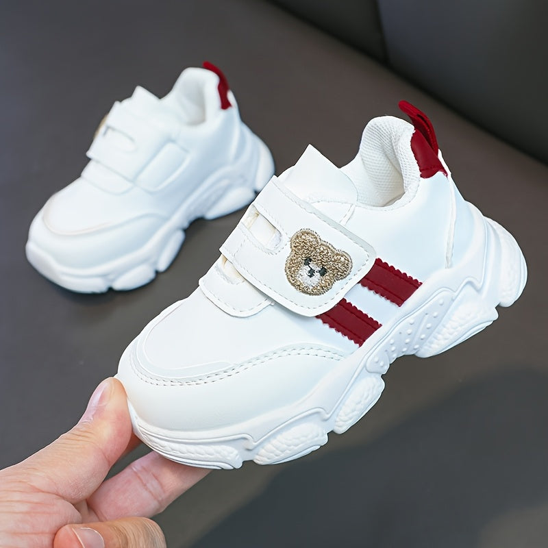 Girls' White Sneakers - Cute Cartoon Bear Design, Casual Low-Top Style with Hook-and-Loop Fastener, Comfortable Microfiber Synthetic Upper, All-Season Wear for Youngsters, Everyday Youngsters's Shoes | Playful Youngsters Snea