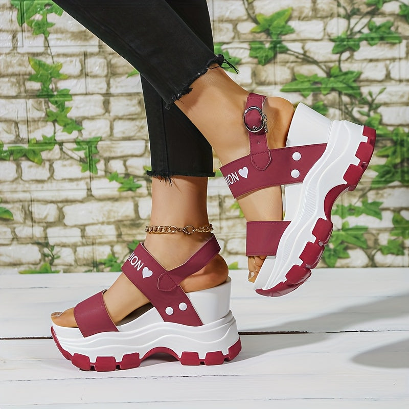 Women's Platform Wedge Sandals with Thick Sole Ankle Strap Metal Buckle - Open Toe Summer Casual Shoes, White Black Faux Cover, Cushioned Insole for All-Day Comfort