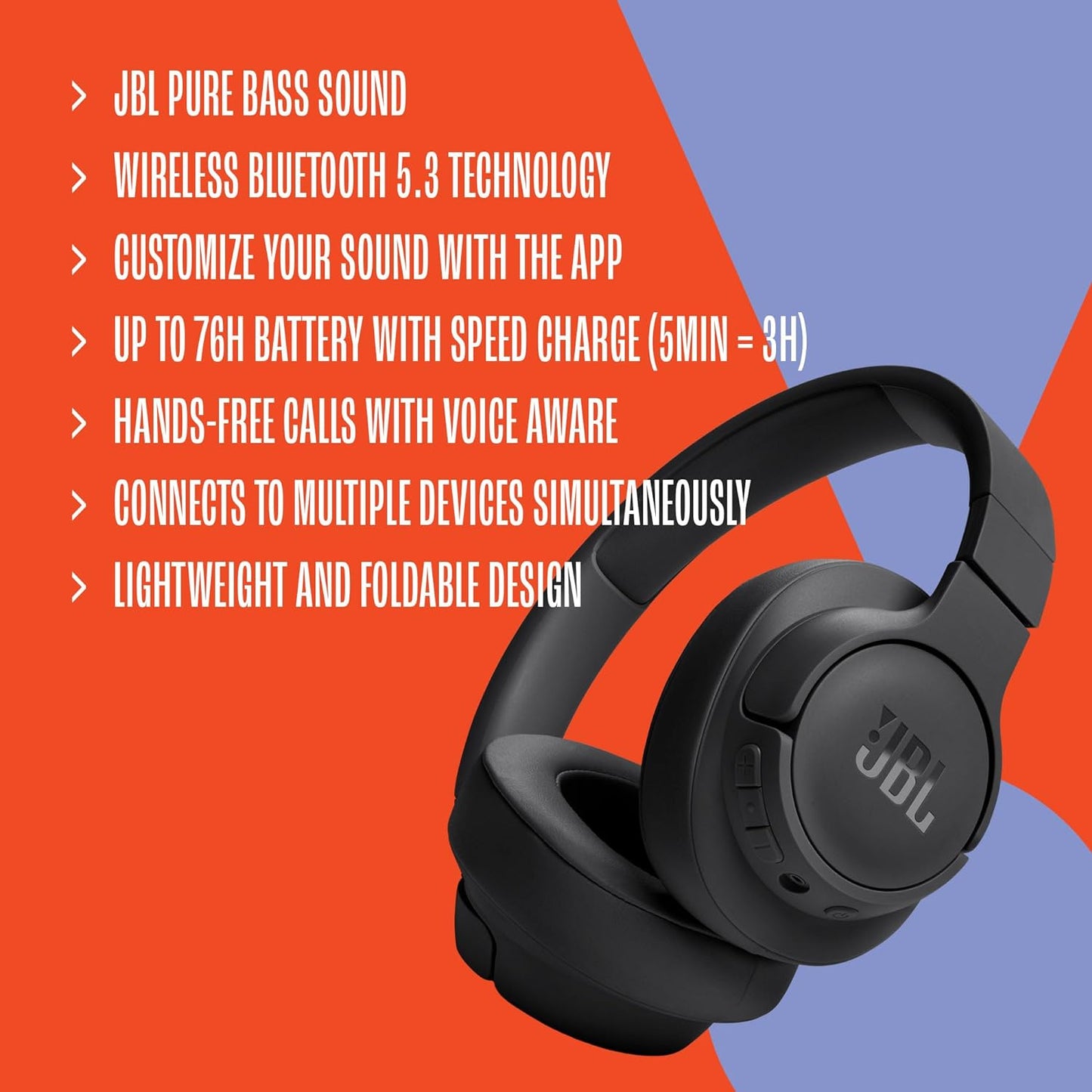 JBL Tune 720BT - Wireless Over-Ear Headphones with JBL Pure Bass Sound, Bluetooth 5.3, up to 76H Battery Life and Speed Charge, Lightweight, Comfortable and Foldable Design (Black)