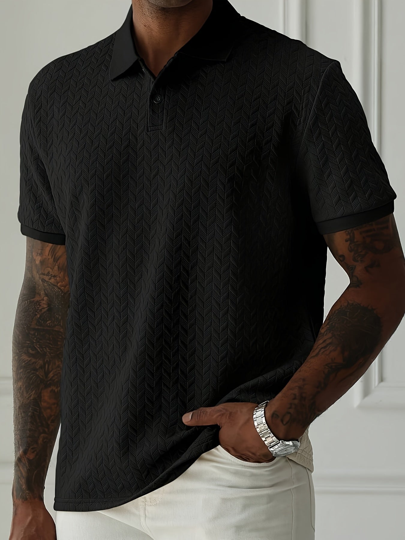 Men'S Casual Black Short Sleeve Polo Shirt with Textured Diamond Pattern - Polyester, Button-Up, Regular Fit for Summer, Casual Attire|Textured Pattern Shirt|Polyester Fabric