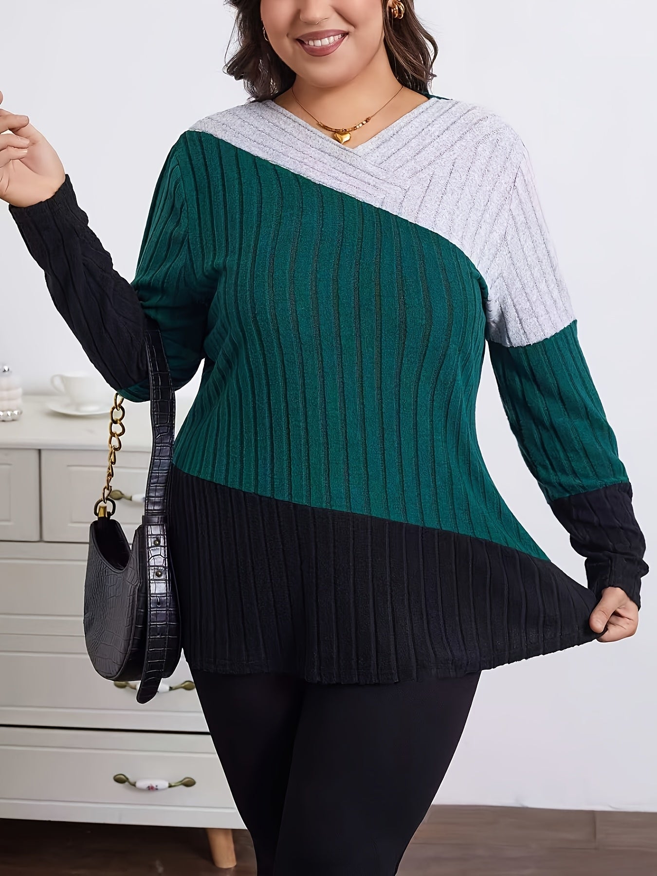Elegant Color Block V-Neck սվիտեր կանանց համար - Ձգվող պոլիեսթեր, մեքենայով լվացվող, կատարյալ գարնան և աշնան համար
