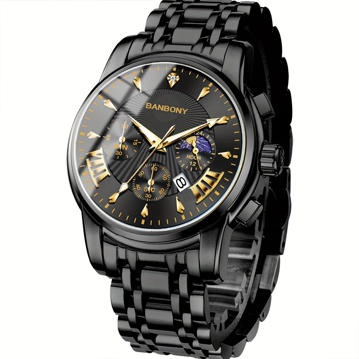 BANBONY Automatic Quartz Watch for Men & Women - Stainless Steel Strap, Blue & Golden HD Large Dial, IPX7 Waterproof, Rhinestone Accents, Date Calendar, Luminous Hands - Casual Fashion Unisex Watch for Birthday Holiday Gifts,