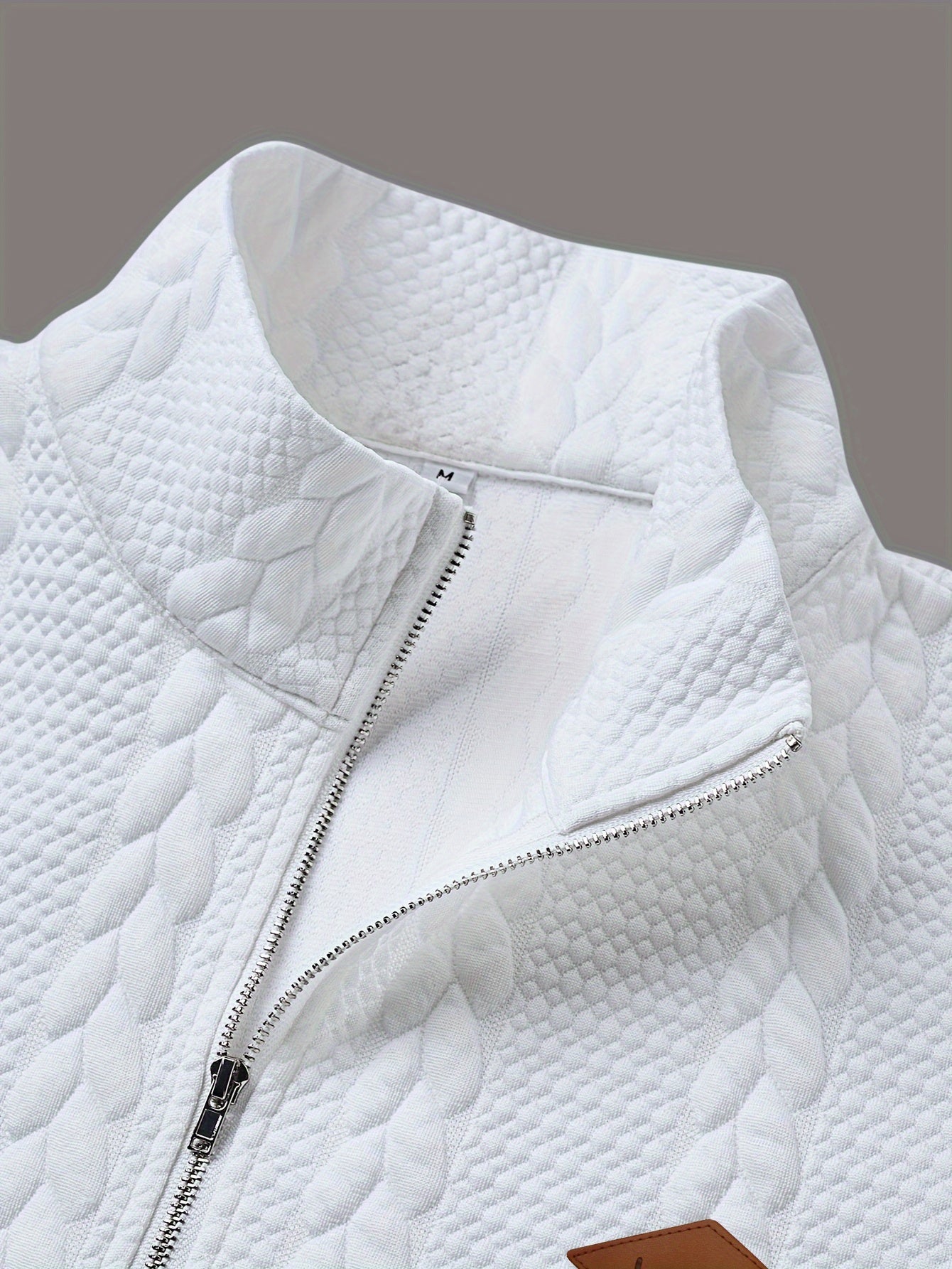 CLQWE Men's White Cable- Jacket with Collar & Brown Button Panel - Half-Zip Long Sleeve Blazer, Machine Washable Winter Coat for Casual & Formal Wear, Tailored Fit (No Belt)