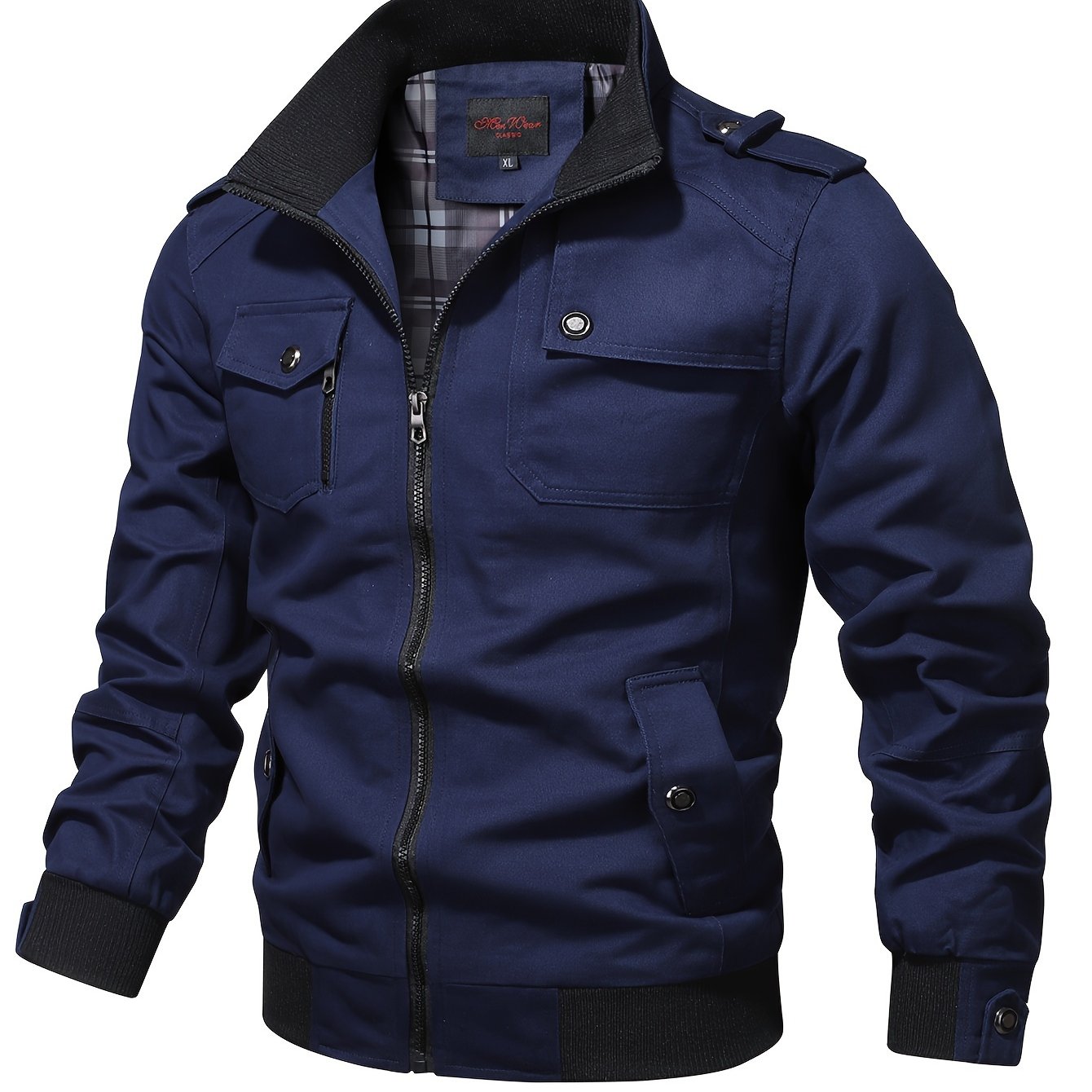 Men's Casual Bomber Jacket, Cotton Stand Collar Windbreaker Jacket With Pockets For Fall Winter