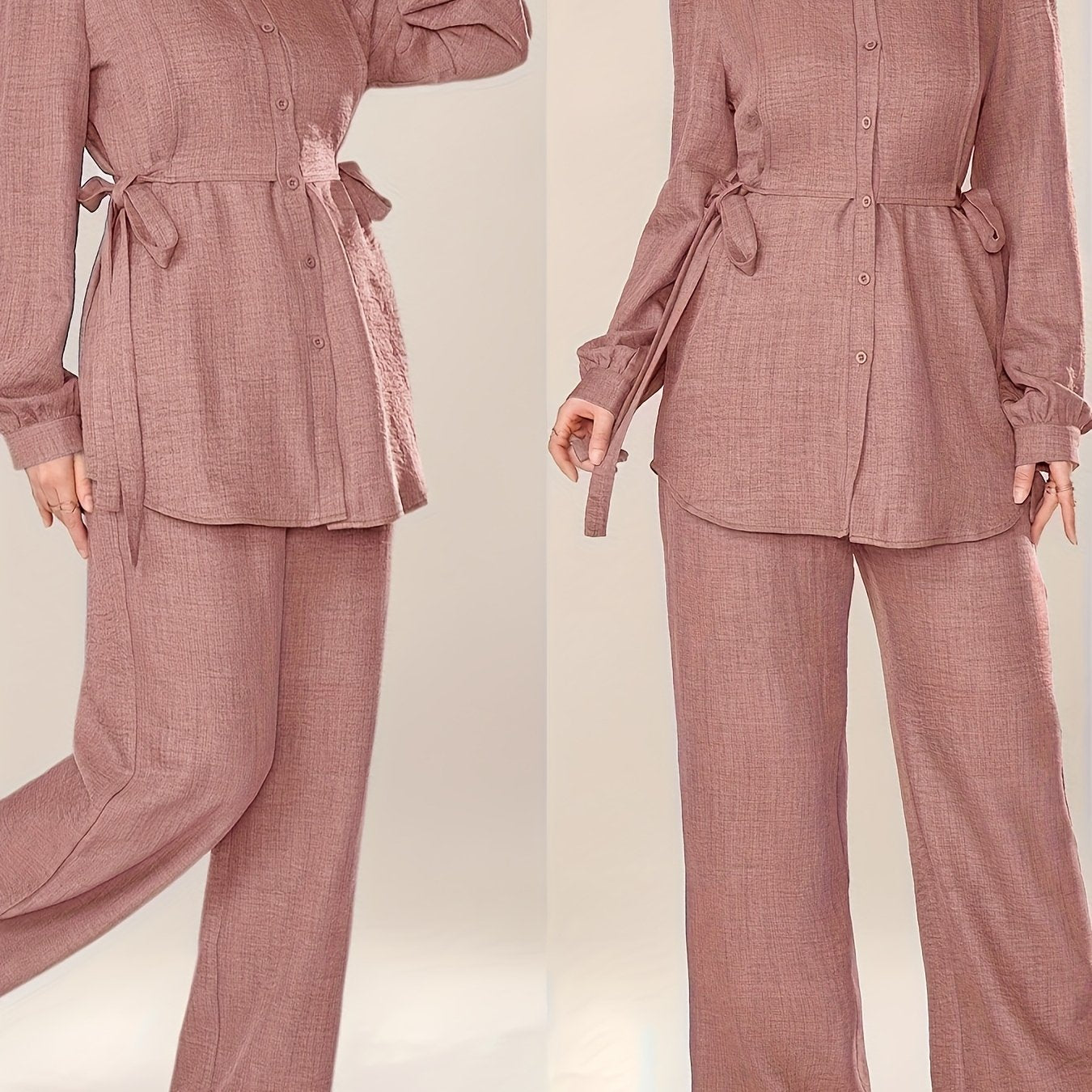 Women'S Solid Color Long Sleeve Knotted Waist Single-Breasted Shirt and Pants Elegant Commuter Set, Two-Piece Summer Autumn Women'S Outfit Office Business Casual Women'S Suit