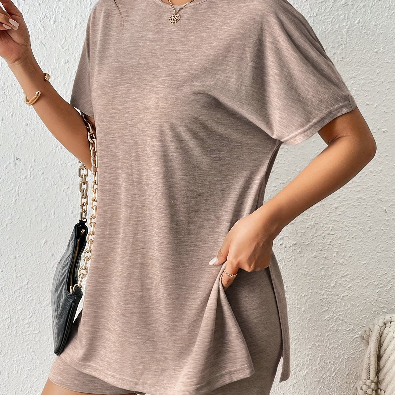 Casual Solid Color Comfortable Two-Piece Set, Bat Sleeve Round Neck Slit T-Shirt and Tight Shorts, Women's Clothing