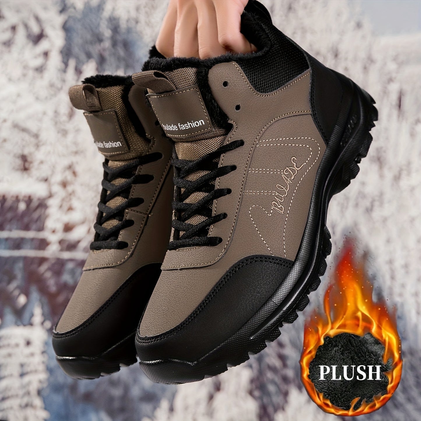 Men's Winter High-Top Ankle-High Outdoor Boots - Upper, Plush Lining & Cushioned Insole, Slip-Resistant MD Sole, Brown/Black Trekking Shoes for Snow, Ice, and Cold Weather - Lightweight & Durable Casual Winter Boots for Hikin