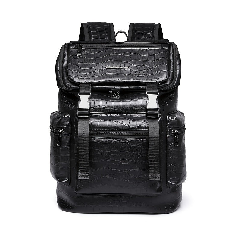 Unisex Backpack with Crocodile Texture, Large Capacity, Anti-Theft, Multi-Compartment, Fits 14-inch Laptop, Casual Travel Business Commute, Minimalist Style, No Battery - Black