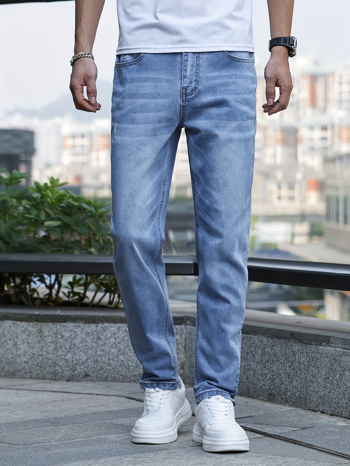 Men's Slim-Fit Stretch Denim Jeans - Casual Street Style, Mid-Rise, Light Blue, Comfortable & Versatile for All Seasons