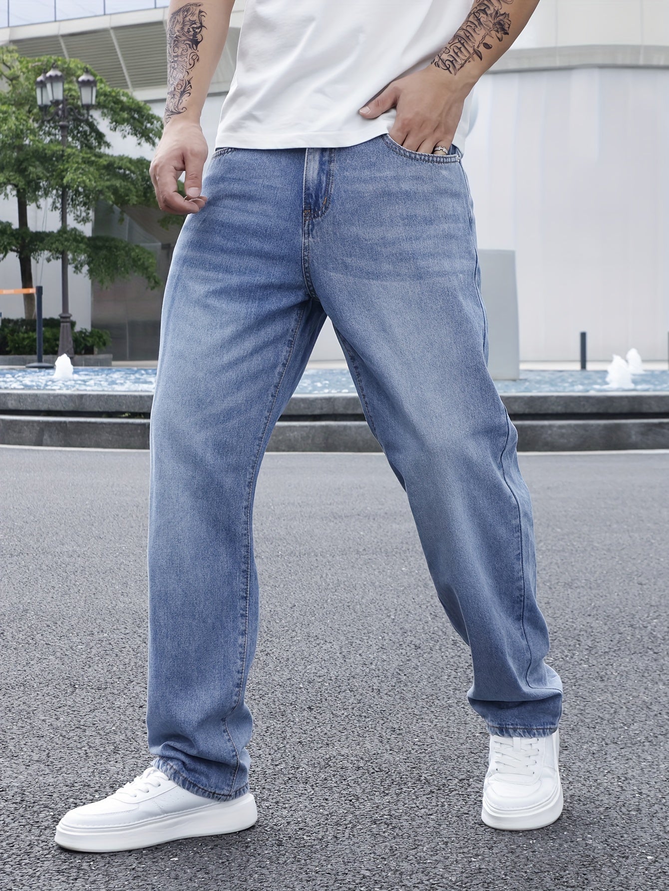 Men's Solid Loose Fit Denim Pants, Spring Fall Casual Trendy Cotton Jeans For Males
