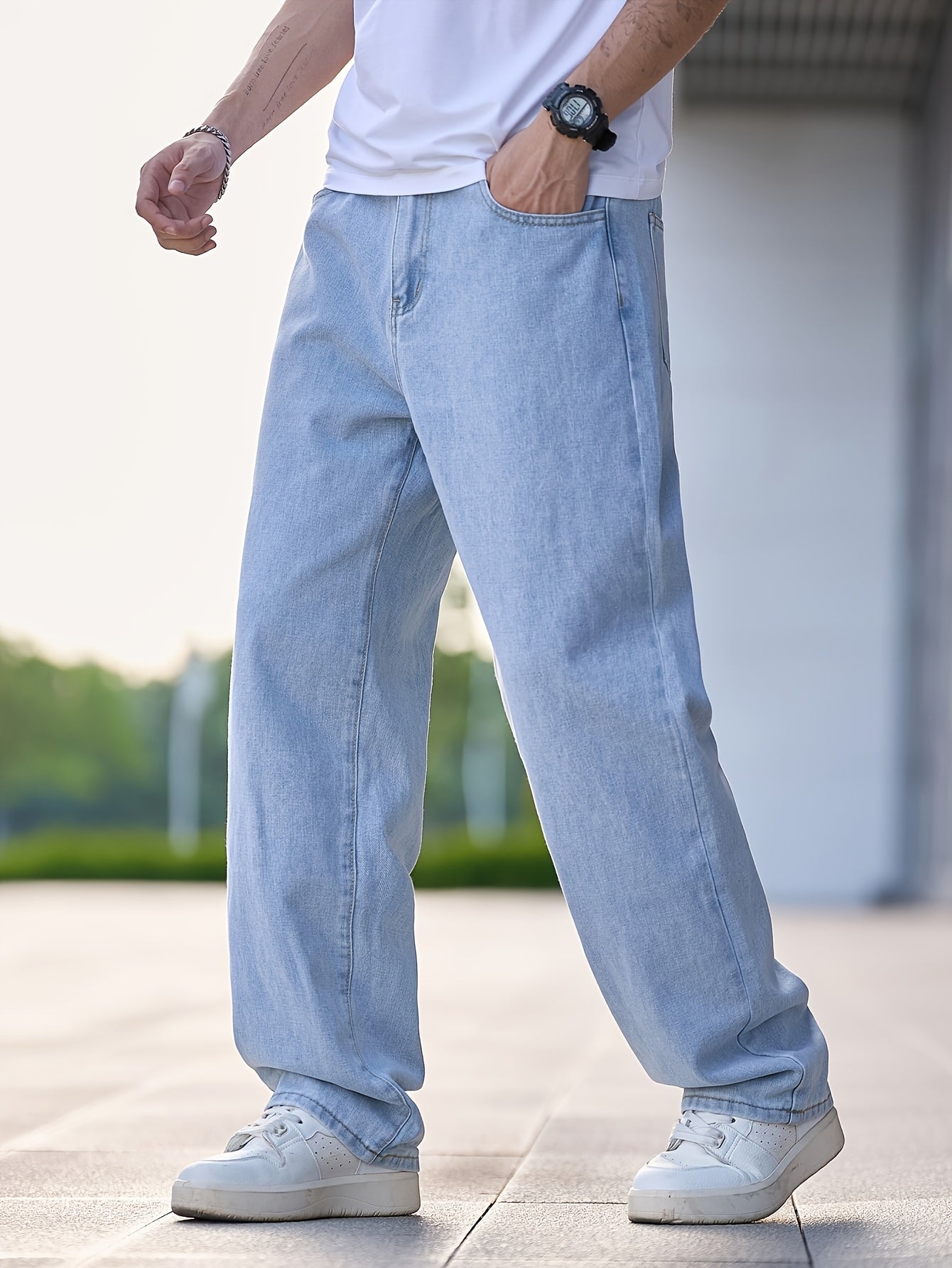 1pc Men'S Casual Washed Denim Jeans, Loose Fit Straight Leg, Solid Color, Non-Stretch Fabric, All-Season Woven Pants - Regular Length