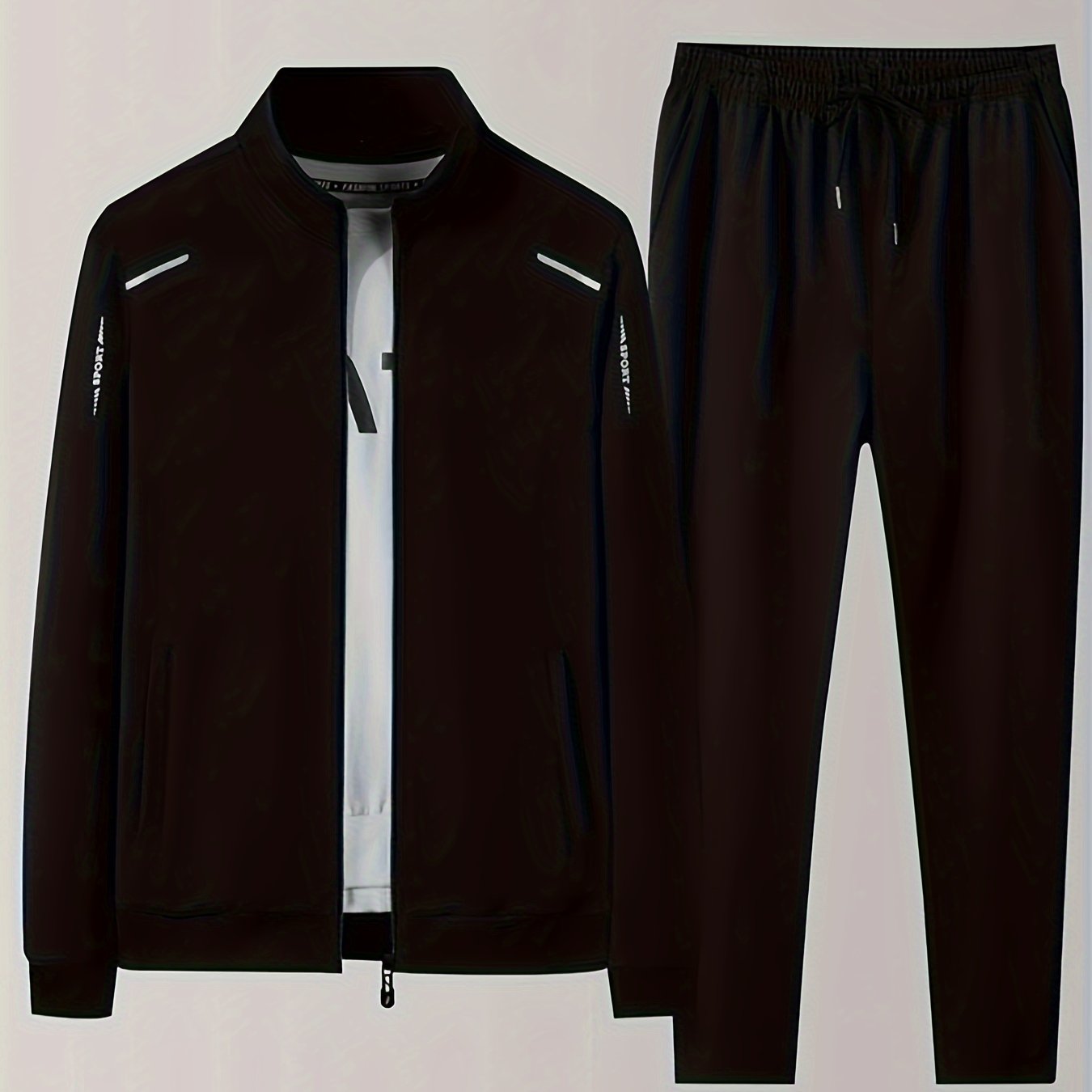 1set Men'S Casual Sports Set, Summer Knit Polyester Athletic Outfit with Solid Color, Crew Neck, Regular Fit, Micro-Elastic Fabric, Lightweight 220g/m², for Jacket and Pants Combo