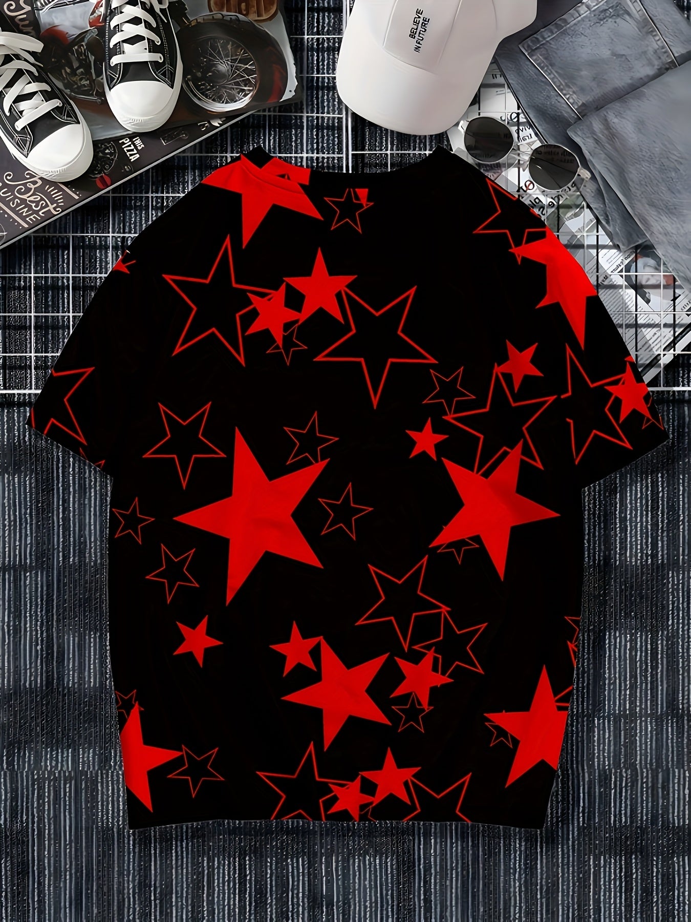 Men's Allover Color Blocking Stars Pattern Short Sleeve Crew Neck T-shirt For Summer, Casual Stylish Tee As Gift