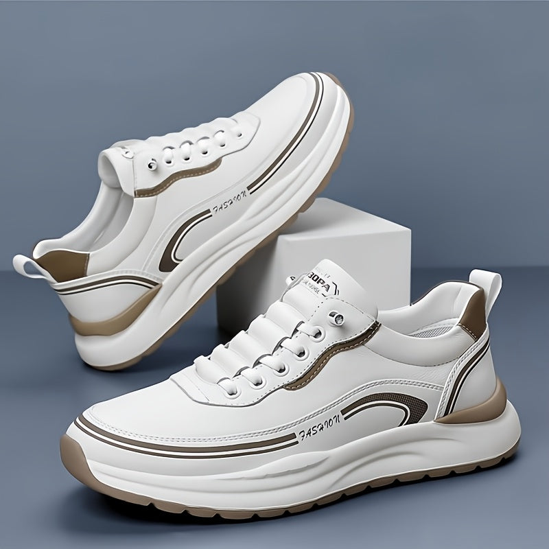 Men's Breathable Lightweight Casual Sneakers - Soft EVA Sole, White Brown Low-Top Lace-Up Shoes for Casual Attire Light Running, All-Season Comfort, Sleek Shoe Design, Daily Walking, Minimalist Style, Flexible Sole, Urban