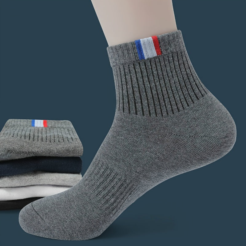 5/10 Pairs Of Men's Solid Sport Crew Socks, Breathable Sweat-absorbing Comfy Soft Casual Simple Style Socks All Seasons Wearing